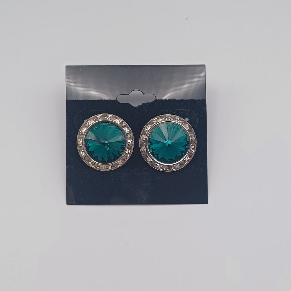 Silver Tone Teal Green Halo Stud Earrings Large Button Cocktail 1”